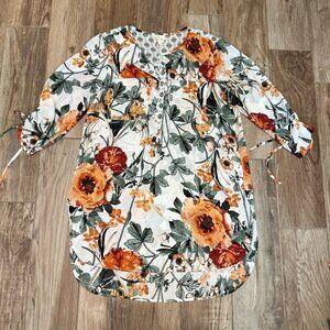 Anthropologie Fig & Flower Top White Multi Floral 1/4 Button 3/4 Sleeves Tunic